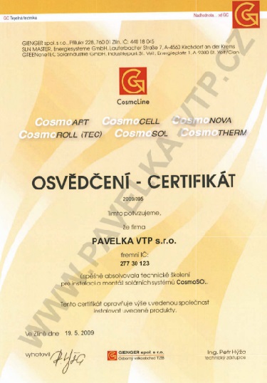 Certifikát pro montáže solárních systémů