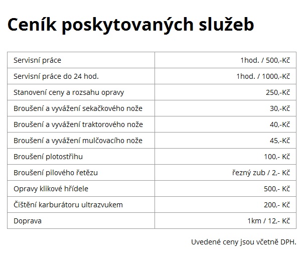 ceník pro servis zahradní techniky - Robert Bílka Modrá u Uherského Hradiště