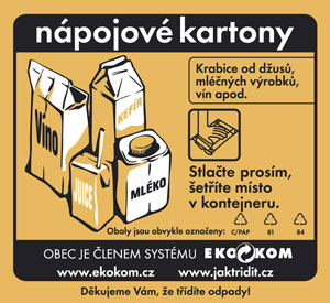 kontejner s oranžovou nálepkou na nápojový karton